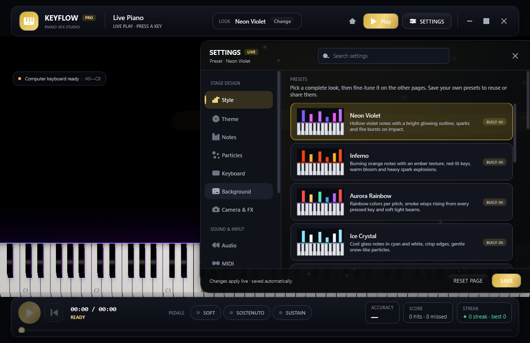 Stage design dock: presets and every layer of the stage