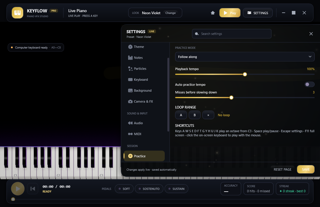 The Practice page of the settings dock