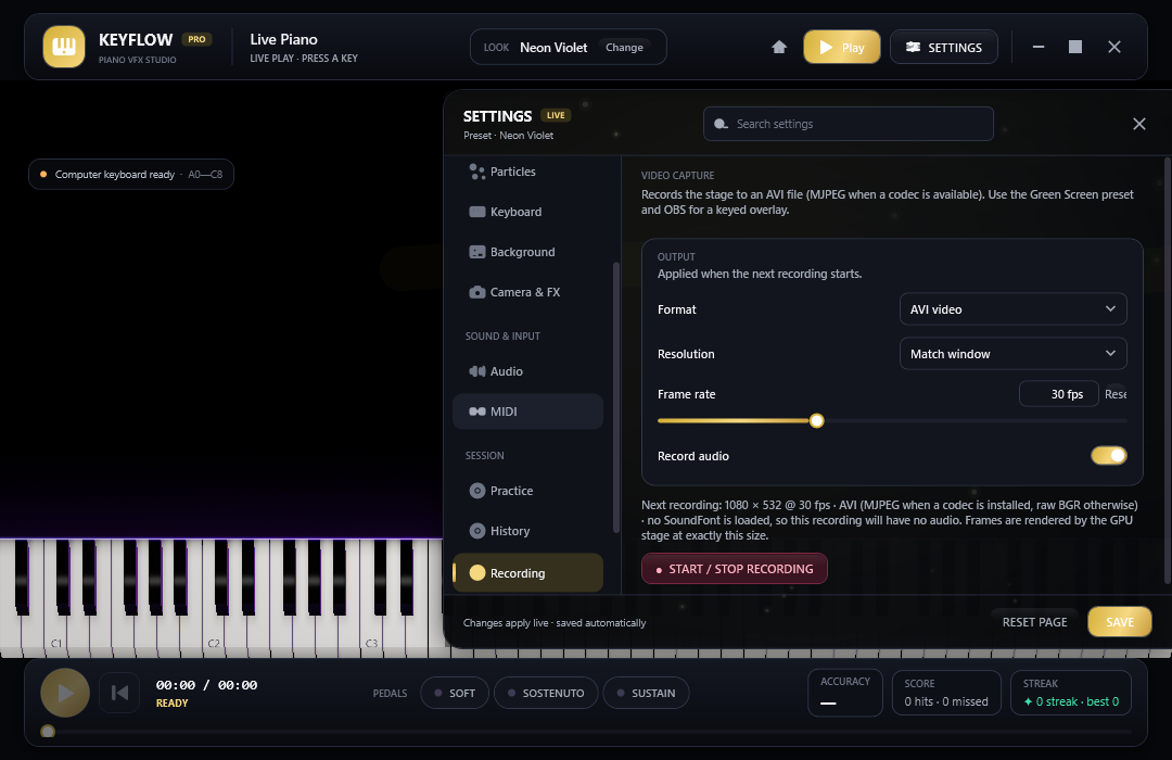 The Recording page: format, resolution and frame rate