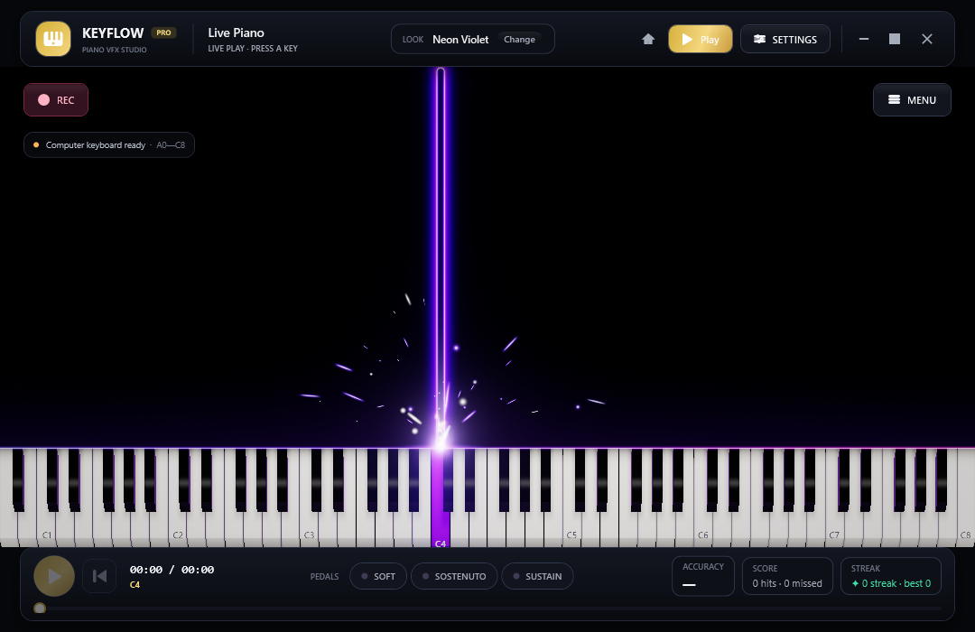 The live stage: falling notes, hit line, sparks and the transport bar